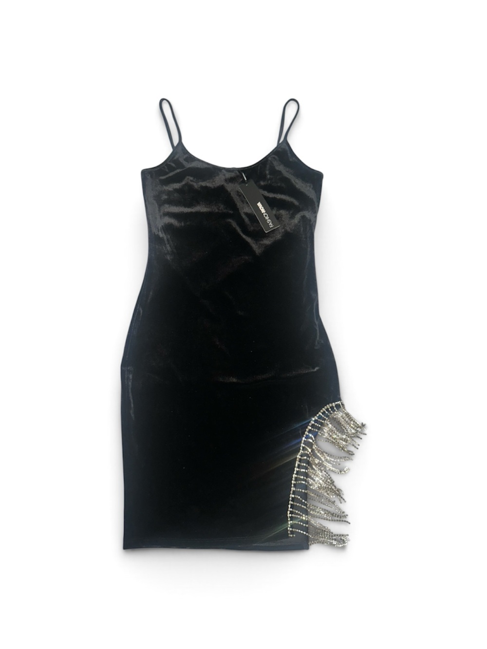 Fashion Nova Black Velvet Mini Dress with Rhinestone Fringe